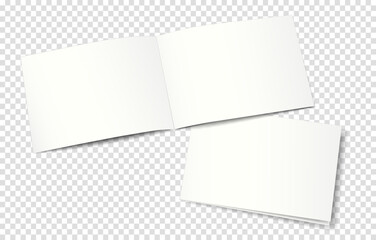 Mockup of an open (top) and closed (bottom) two-page booklet, notebook, brochure, magazine, book. Transparent background. 3D vector illustration for your design. - obrazy, fototapety, plakaty