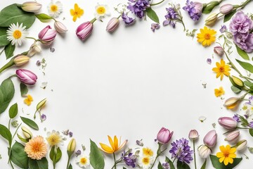 Flowers composition. Frame made of flowers on white background. Flat lay, top view, copy space. AI generated