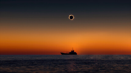 Ship silhouette against a total solar eclipse at sea - obrazy, fototapety, plakaty