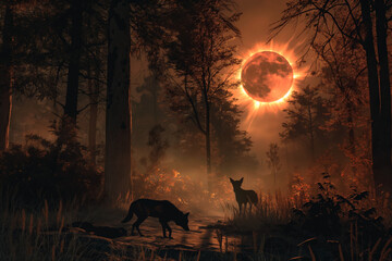 Forest wildlife during total solar eclipse. Animal silhouettes - obrazy, fototapety, plakaty