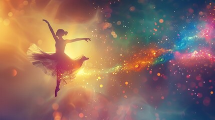 Dancers embodying celestial phenomena ballet merged with cosmic art style in harmony - obrazy, fototapety, plakaty