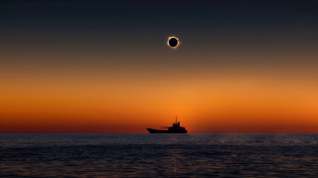 Ship silhouette against a total solar eclipse at sea