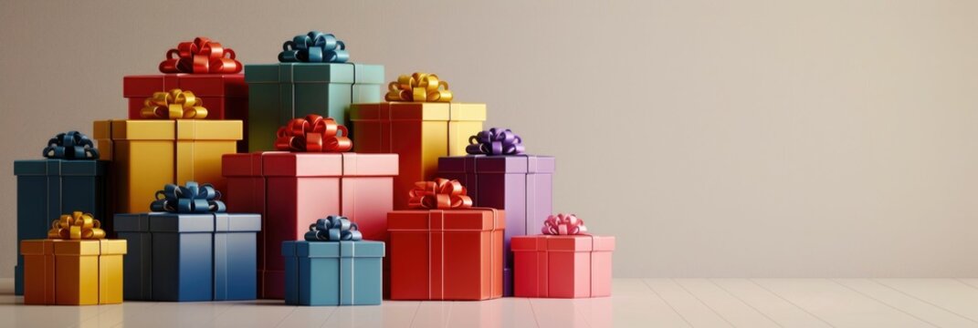 3D-rendered image showcasing a vibrant stack of gift boxes in a variety of sizes and colors,arranged in an eye-catching pyramid formation The boxes are set against a neutral background