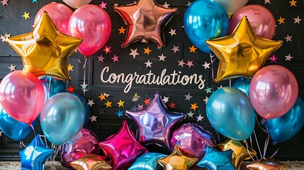 DIY chalkboard sign Congratulations written amidst stars and balloons guiding guests to a surprise celebration
