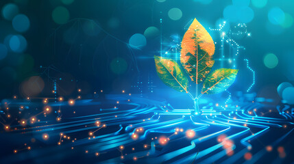 Tree growing on the converging point of computer circuit board. Blue light and wireframe network background. Green Computing, Green Technology, Green IT, csr, and IT ethics Concept.