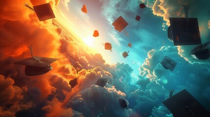 Graduates throwing their caps into a sky painted with the hues of their future dreams - obrazy, fototapety, plakaty