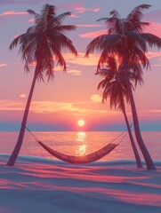 A minimalist 3D beach setting at sunset with stylized palm trees and a cozy hammock hanging between them