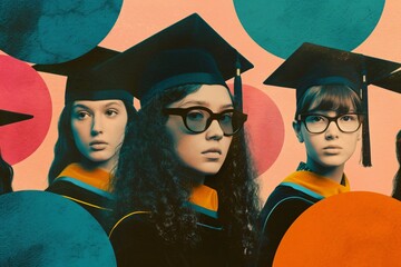 Obraz premium Graduates captured in layered risograph colors their faces a mix of hope and nostalgia on textured paper