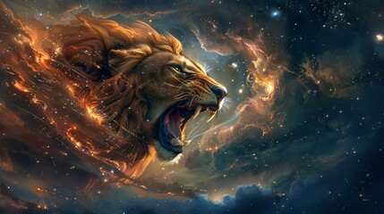 Leos roar igniting stars its mane a brilliant supernova against the dark void - obrazy, fototapety, plakaty
