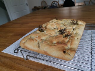 Focaccia bread in the kitchen cooling down 