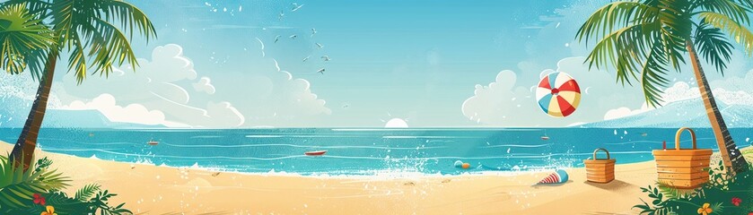 Obraz premium Family-friendly summer picnic poster showcasing a sunny beach scene with palm trees