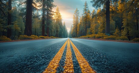 scandinavian road, summer, highway, beautiful autumn evening, pines, spruces, landscape photography