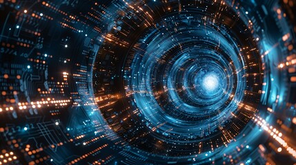 Obraz premium The image of a binary code seamlessly transitioning into a galaxy swirl encased within a circuit patterned sphere depicting the vastness and complexity of cybersecurity