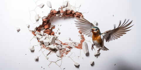 a bird peeking from a hole in a wall carry a acorn isolatet on a white backround сreated with Generative Ai