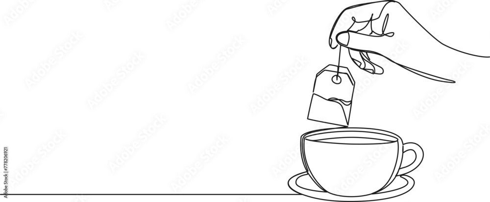 Wall mural continuous single line drawing of hand holding tea bag above cup of tea, line art vector illustration