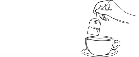 continuous single line drawing of hand holding tea bag above cup of tea, line art vector illustration