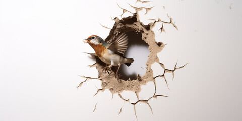 Naklejka na ściany i meble a bird peeking from a hole in a wall carry a acorn isolatet on a white backround сreated with Generative Ai
