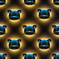 Seamless pattern with panda heads on a black background.