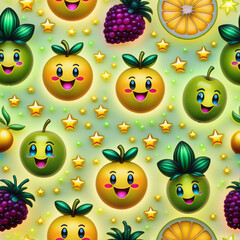 Seamless pattern with kawaii fruits on a yellow background