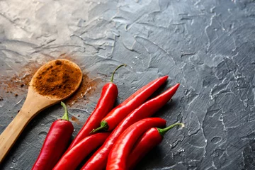Poster Im Rahmen Red hot chili pepper composition, spicy organic paprika and different seasonings background  © RomanWhale studio