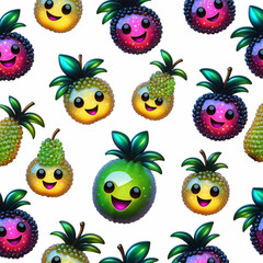 Seamless pattern with cartoon smiling pineapple on a white background.