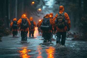 Emergency Hurricane Response Team Image of a specialized team responding to the aftermath of a hurricane with relief efforts - obrazy, fototapety, plakaty