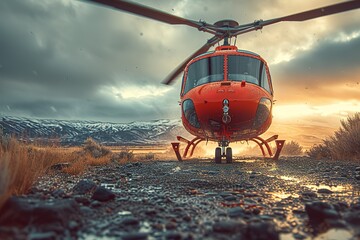 Emergency Medical Evacuation Helicopter Visual of a medical evacuation helicopter transporting a patient from a remote area - obrazy, fototapety, plakaty