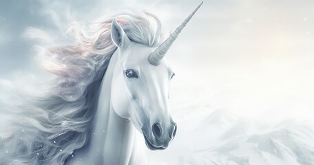 Obraz na płótnie Canvas Sci-fi fantasy photography, beautirful white unicorn facing camera, minimalistic background