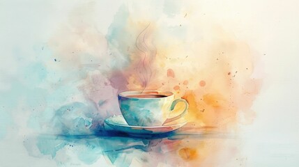 Watercolor Depiction of a Steaming Coffee Cup Evoking a Cozy Bakery Ambiance
