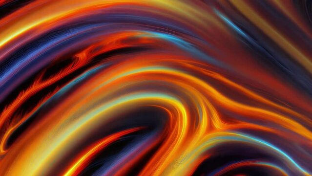 This image features a colorful abstract painting with swirling lines in orange, blue, and yellow. The background is black, and the colors are vibrant, creating a dynamic and eye-catching effect.
