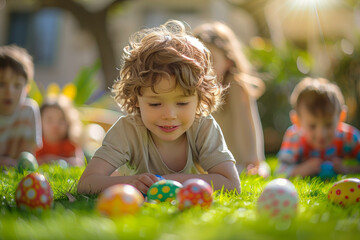 Fototapeta na wymiar Child Engaged in Easter Egg Hunt on Sunny Day.