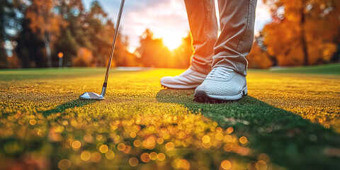 legs of a male golfer with golf club on lawn on golf course in summer at sunset close-up - Powered by Adobe