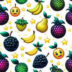 Seamless pattern with blackberries, bananas, pear and stars