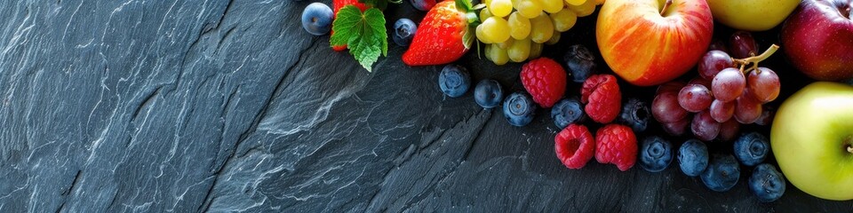 a selection of healthy fruit on a slate worktop - obrazy, fototapety, plakaty