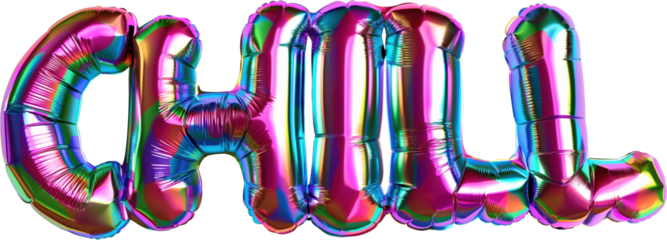 Vibrant metallic balloon letters spelling chill, element on transparent background