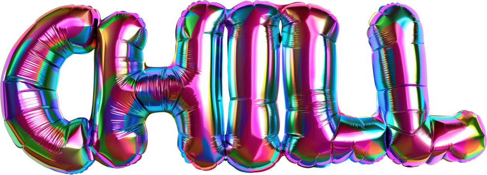 Vibrant metallic balloon letters spelling chill, element on transparent background