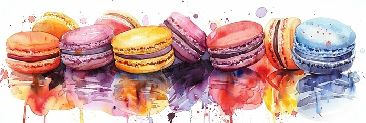 Vibrant Watercolor Rendition of Macarons Arranged in a Colorful Display of Delectable Confectionery Delights