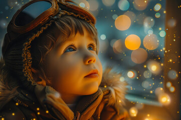 Dreamy Child in Pilot Hat with Sparkling Lights.