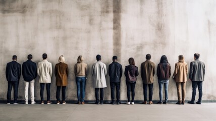 Diversity conception, People in casual clothes standing backside in a line against each other in front of a white wall.
