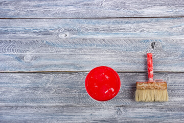 professional repairing implements for decorating and building renovation set on the wooden background. Plastering tools. Top view. Copy space for text.