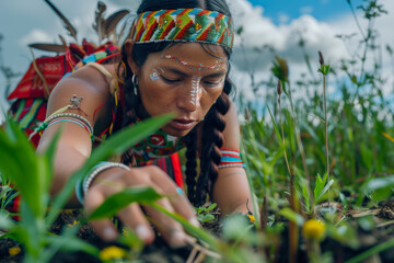 Indigenous Woman Harvesting Herbs in Nature.