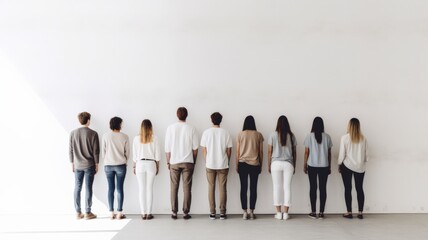Diversity conception, People in casual clothes standing backside in a line against each other in front of a white wall.