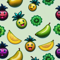 Seamless pattern with funny fruits. Funny pineapple, mango, pomegranate, kiwi and banana.