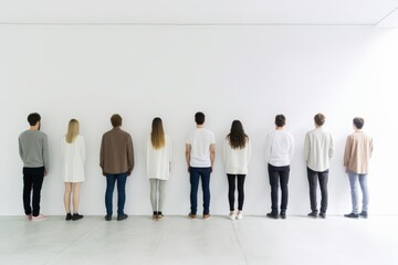 Diversity conception, People in casual clothes standing backside in a line against each other in front of a white wall.