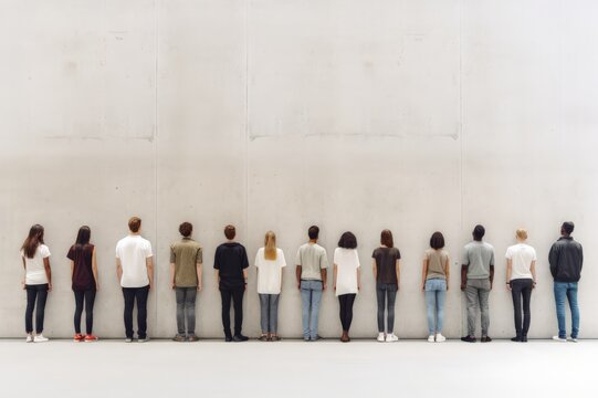 Diversity conception, People in casual clothes standing backside in a line against each other in front of a white wall.