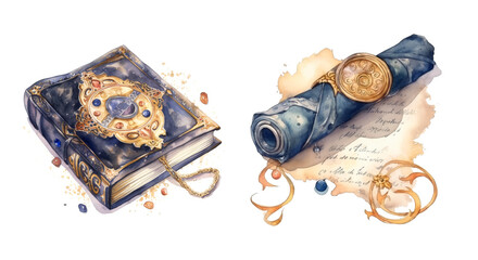 Magic Book and Scrolls with Ink Spots
