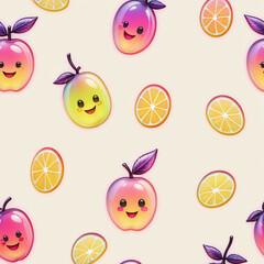 Seamless pattern with cute kawaii fruit characters. illustration.