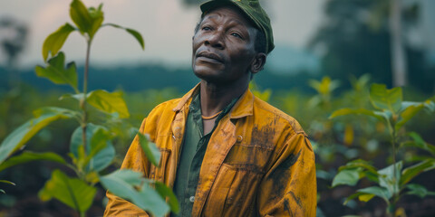 Agricultural Worker Contemplating in Teal Plantation.