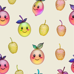 Seamless pattern with cute cartoon fruits on a light background.