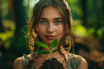 Young Woman Holding Seedling with Care.